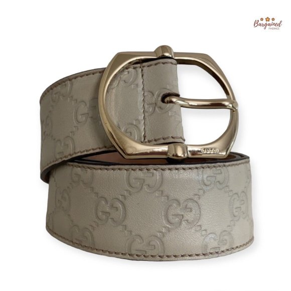 Authentic Gucci Cream GG Embossed Signature Leather Gold Pin Buckle Belt 85/34 - Picture 1 of 14